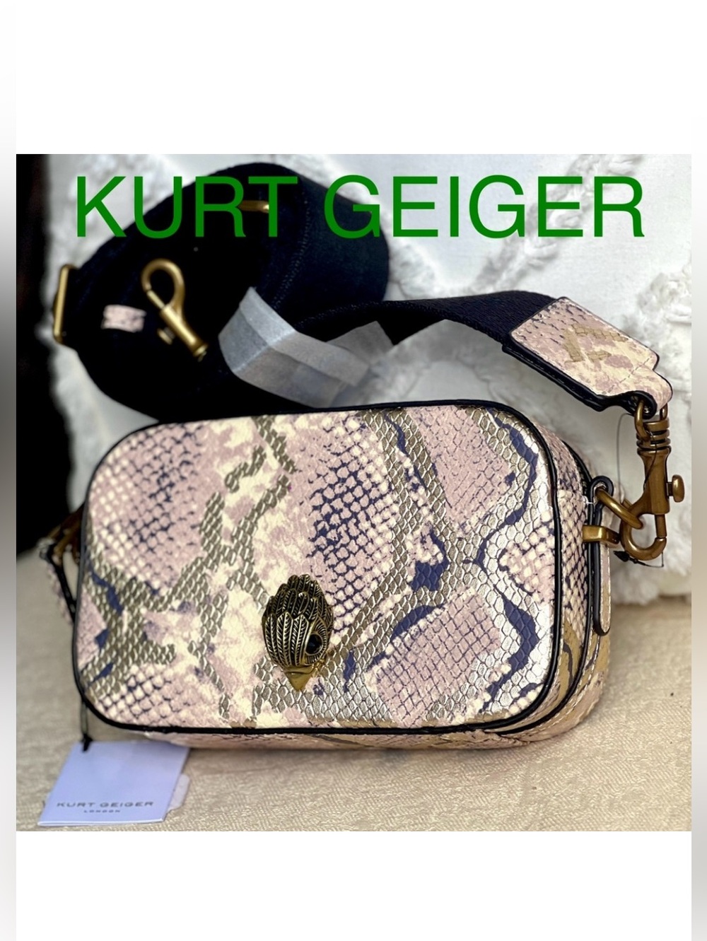 KURT GEIGER Kensington snake print embossed leather wide strap camera bag NWT